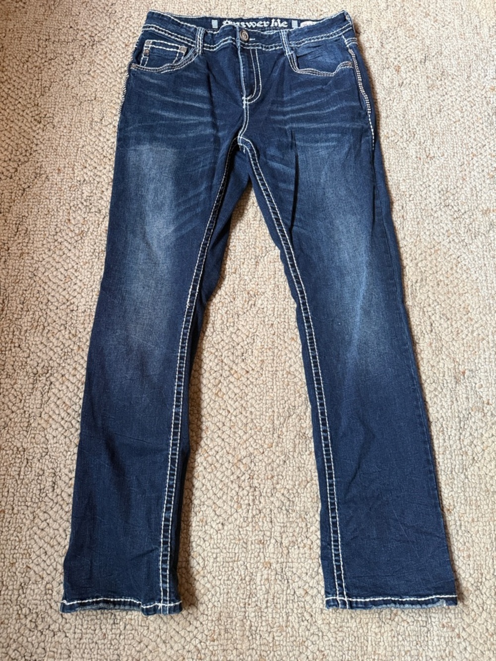 Answer Me Men's Slim Straight Dark Blue Jeans with Contrast Stitching 36/34